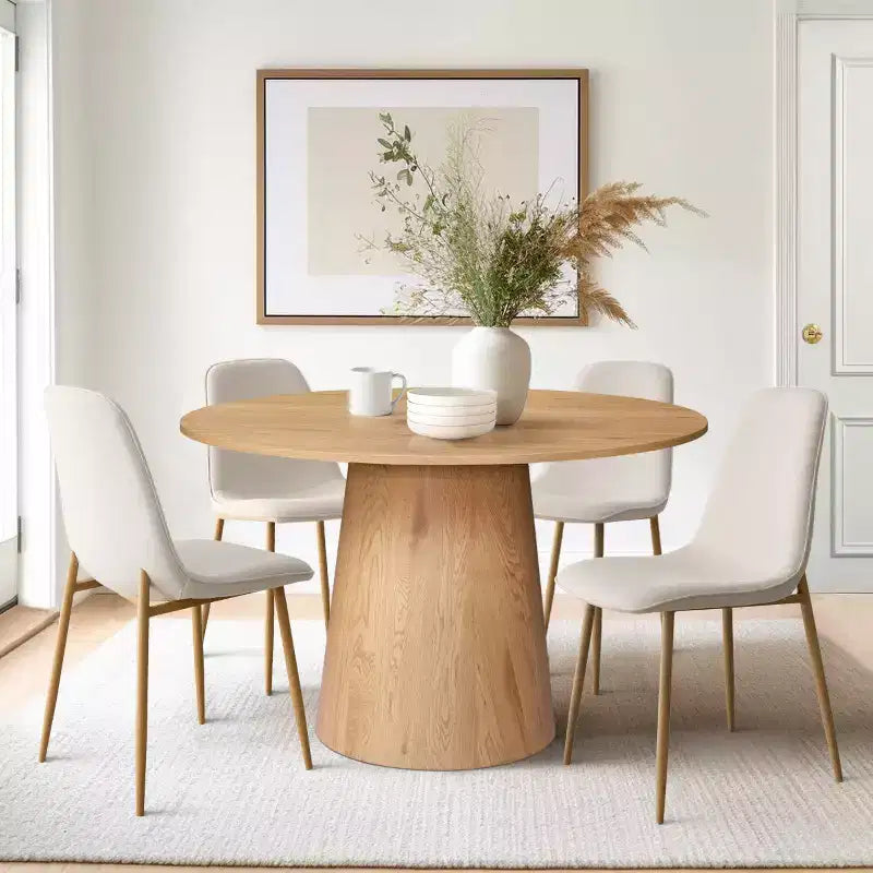 5-Piece Oak Round Dining Table Set, 46 Pedestal Table with 4 Upholstered Dining Chairs, Modern Dining Room Furniture-Panipeachy