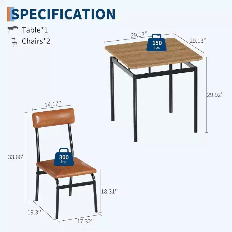 Ensemble table et 2 chaises de salle à manger Acekool avec coussins en PU marron, motif bois pour petites salles à manger