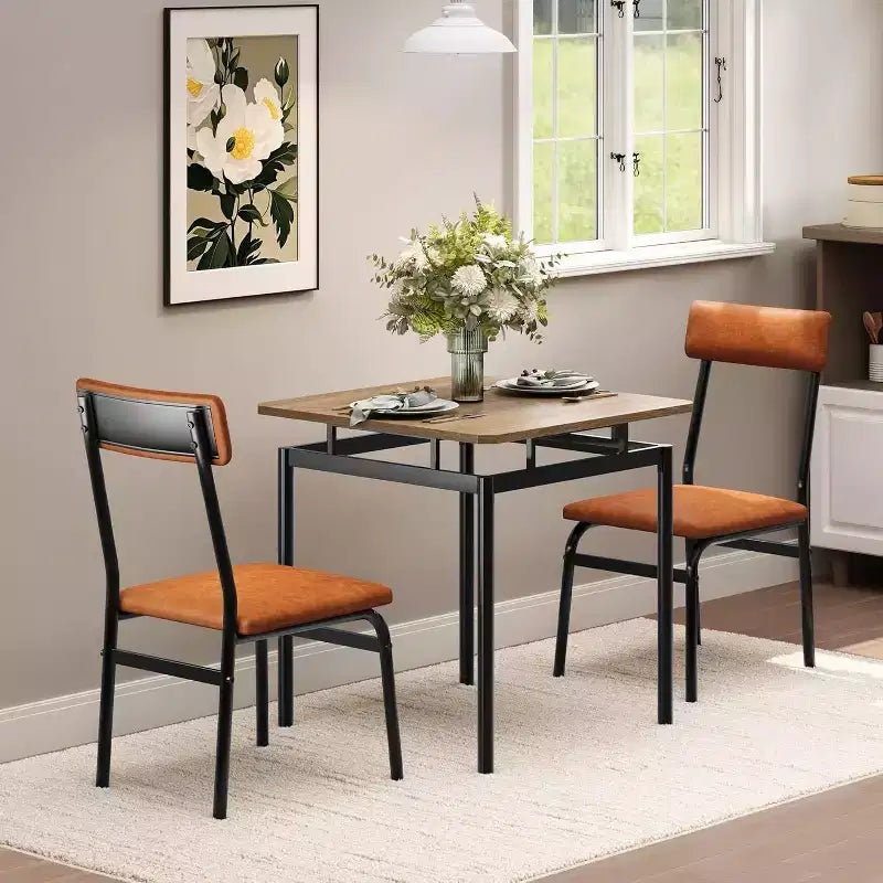 Ensemble table et 2 chaises de salle à manger Acekool avec coussins en PU marron, motif bois pour petites salles à manger