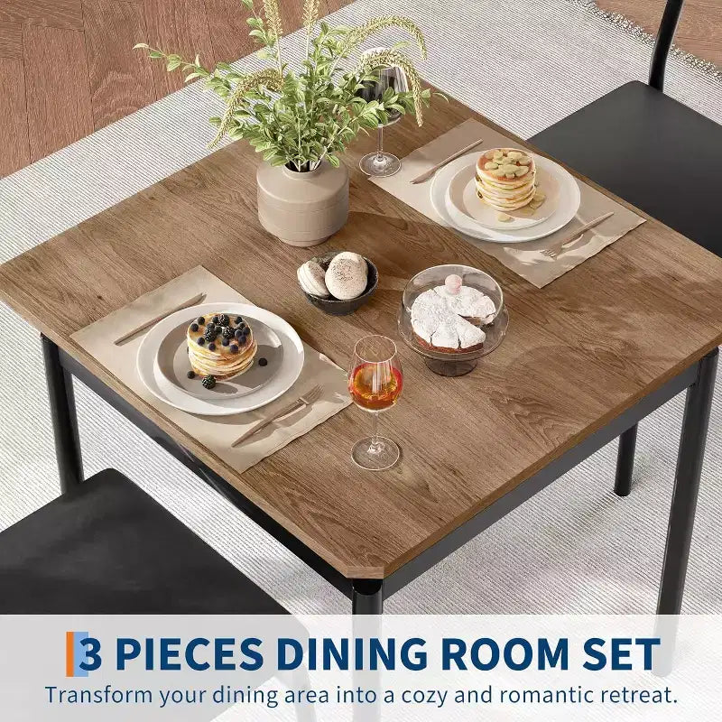 Ensemble table et 2 chaises de salle à manger Acekool avec coussins en PU marron, motif bois pour petites salles à manger