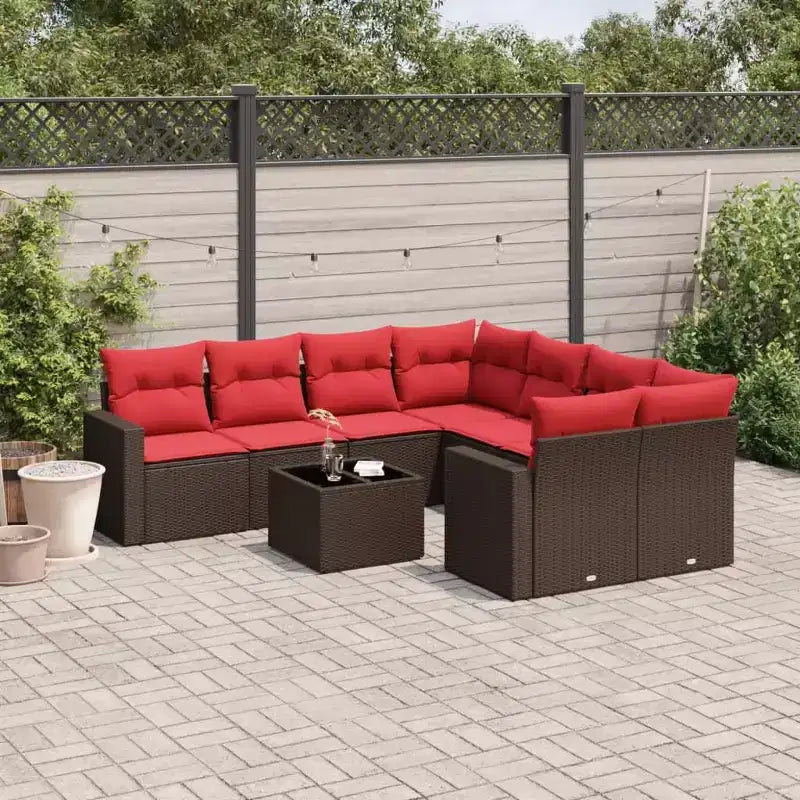 vidaXL Salon de jardin 9 pcs avec coussins résine tressée marron - Marron et rouge