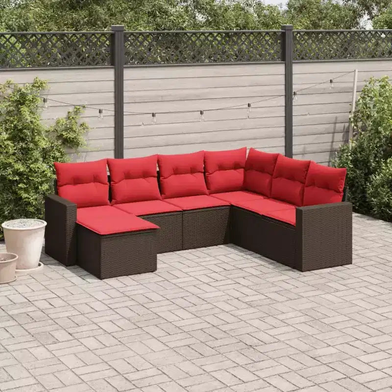 vidaXL Ensemble de canapés de jardin 7 pcs avec coussins résine tressée - Marron et rouge sans table