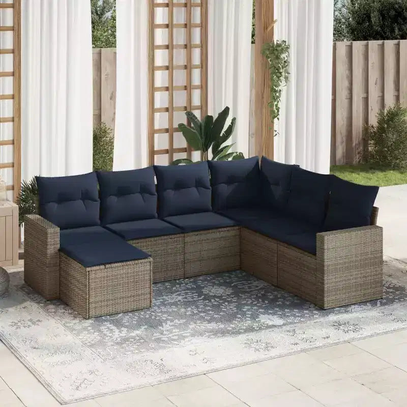 vidaXL Ensemble de canapés de jardin 7 pcs avec coussins résine tressée - Marron et rouge sans table