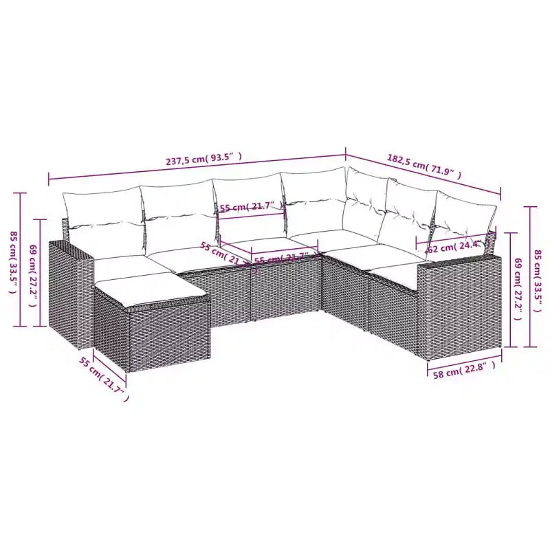 vidaXL Ensemble de canapés de jardin 7 pcs avec coussins résine tressée - Marron et rouge sans table