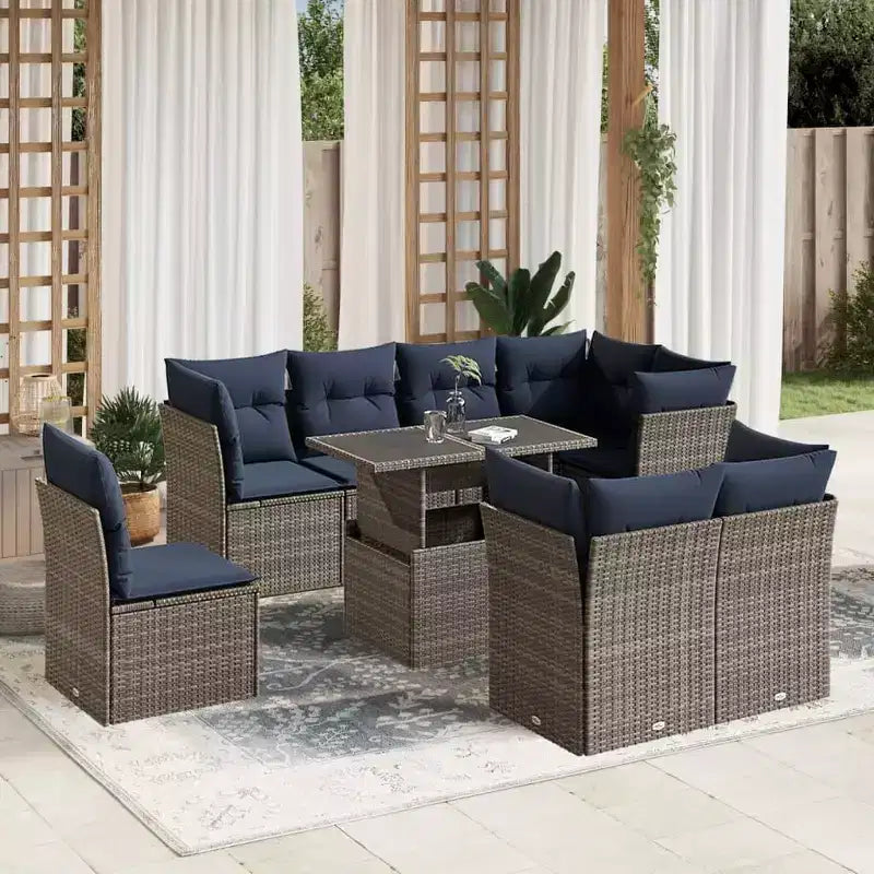vidaXL Salon de jardin avec coussins, Ensemble de canapés modulaires d'extérieur, 9 pièces, résine tressée