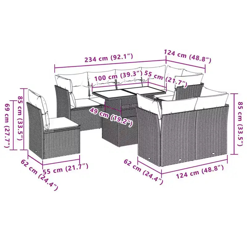 vidaXL Salon de jardin avec coussins, Ensemble de canapés modulaires d'extérieur, 9 pièces, résine tressée