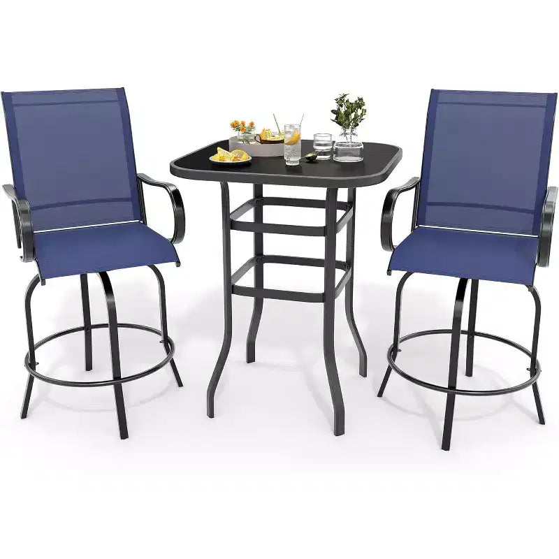 COZONY Patio Swivel Bar Set, Outdoor High Top Bar Table Swivel Chairs Glass Table All Weather Fabric for Patio