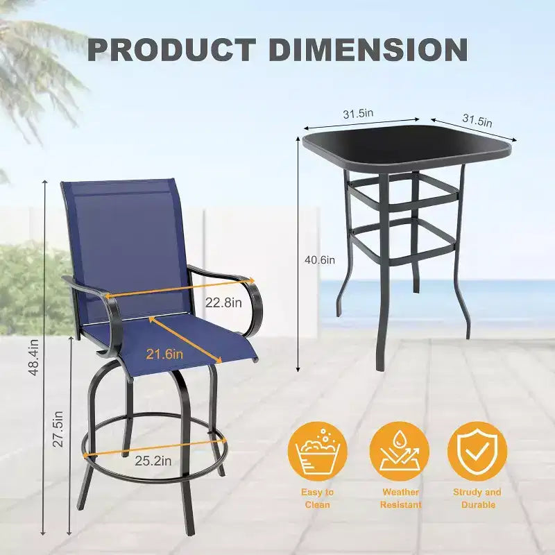 Ensemble de bar pivotant COZONY pour terrasse, table de bar haute d'extérieur, chaises pivotantes, table en verre, tissu tout temps pour terrasse