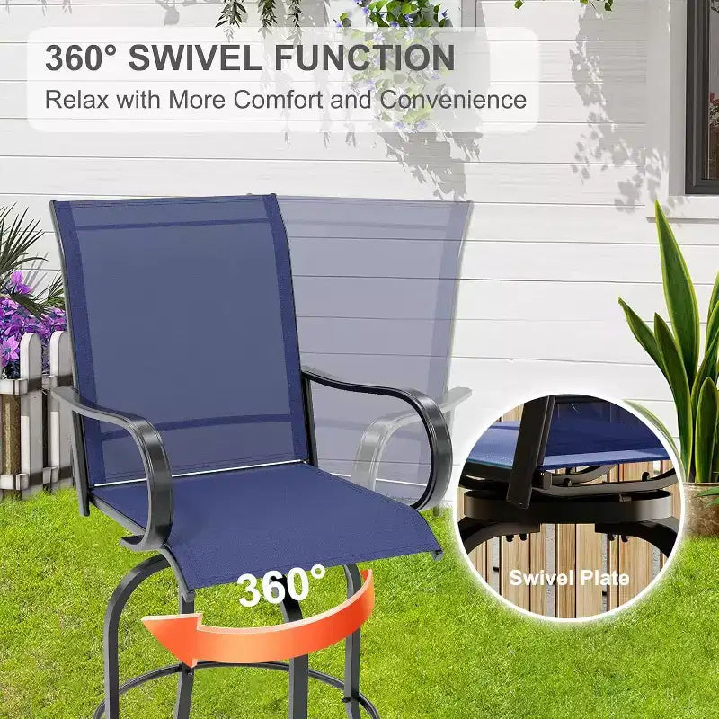 Ensemble de bar pivotant COZONY pour terrasse, table de bar haute d'extérieur, chaises pivotantes, table en verre, tissu tout temps pour terrasse