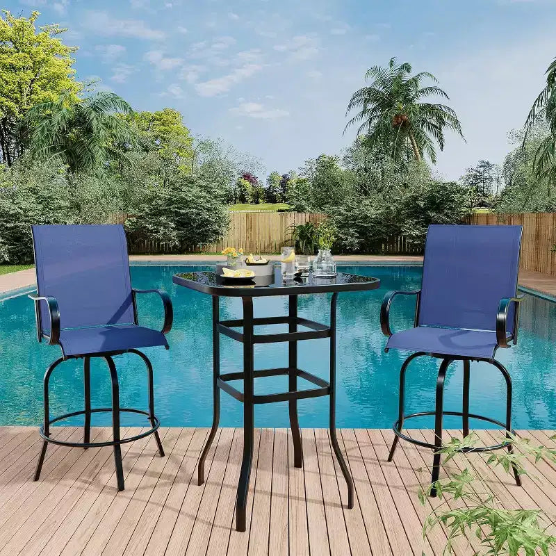 Ensemble de bar pivotant COZONY pour terrasse, table de bar haute d'extérieur, chaises pivotantes, table en verre, tissu tout temps pour terrasse