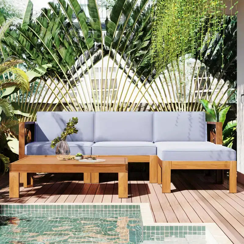MAYEERTY Outdoor Backyard Patio Wood 5 Pieces Sectional Sofa Seating Group Set with Cushions Natural Finish & Gray Cushions