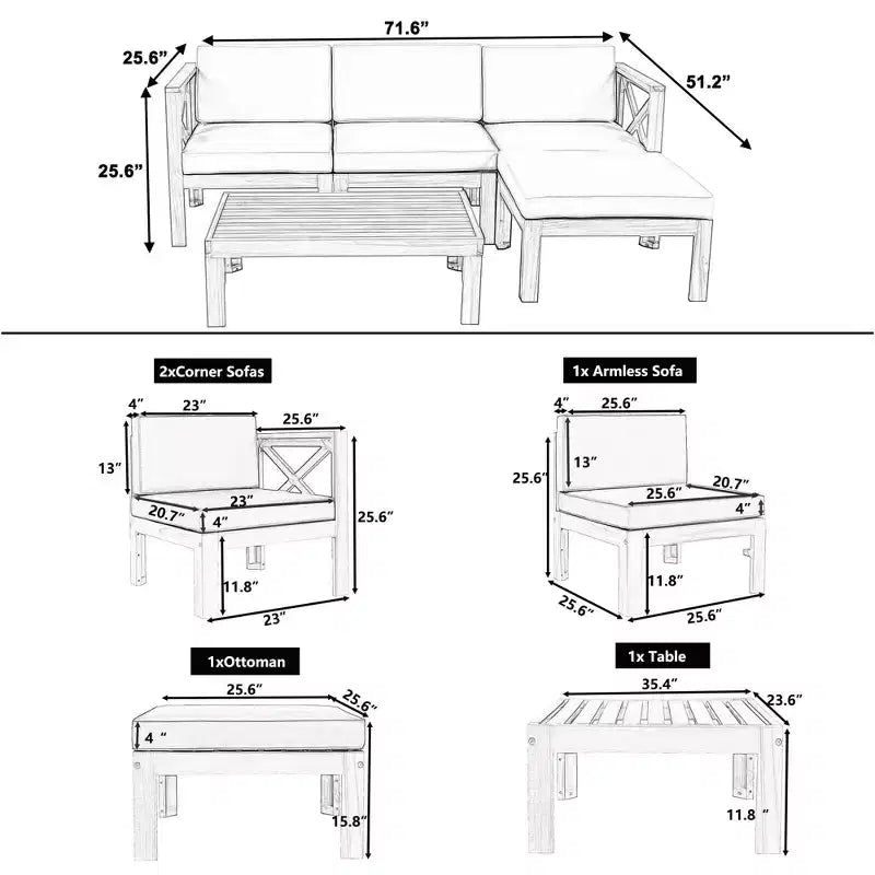 MAYEERTY Patio extérieur en bois 5 pièces canapé sectionnel avec coussins finition naturelle et coussins gris