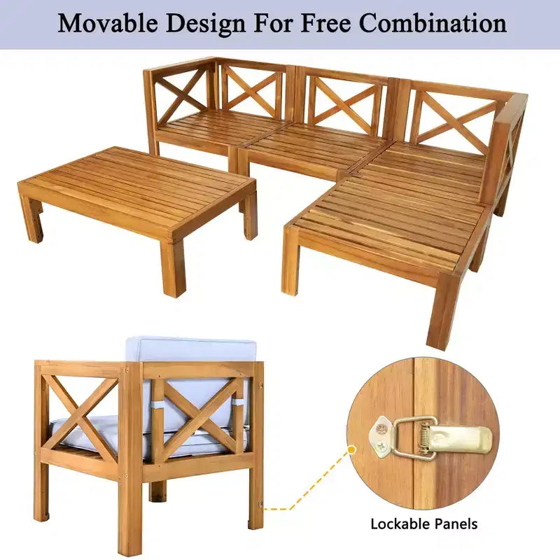 MAYEERTY Patio extérieur en bois 5 pièces canapé sectionnel avec coussins finition naturelle et coussins gris