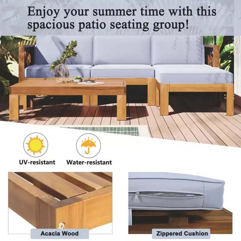 MAYEERTY Patio extérieur en bois 5 pièces canapé sectionnel avec coussins finition naturelle et coussins gris