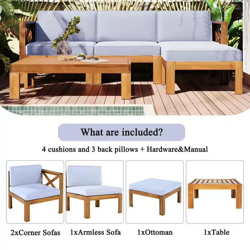 MAYEERTY Patio extérieur en bois 5 pièces canapé sectionnel avec coussins finition naturelle et coussins gris