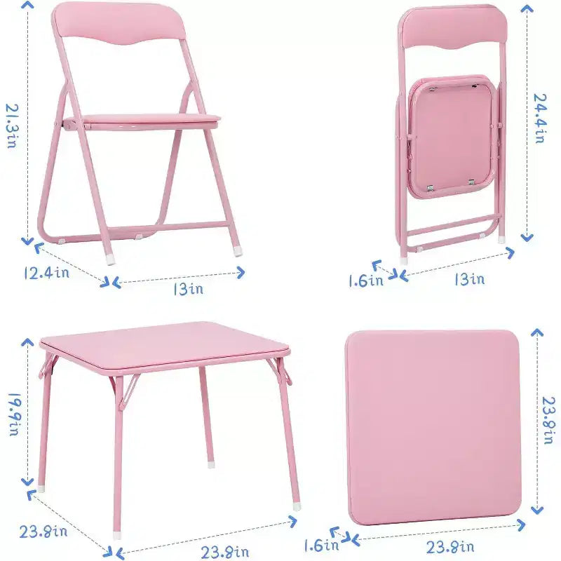 Acekool Table de jeu pliante en métal avec 4 chaises, chaises pliantes rembourrées roses avec coussin et cadre en acier, table carrée pliable pour salle à manger