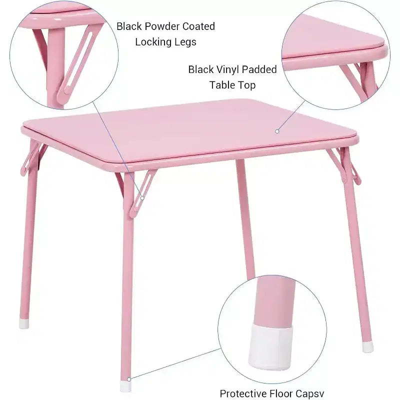Acekool Table de jeu pliante en métal avec 4 chaises, chaises pliantes rembourrées roses avec coussin et cadre en acier, table carrée pliable pour salle à manger