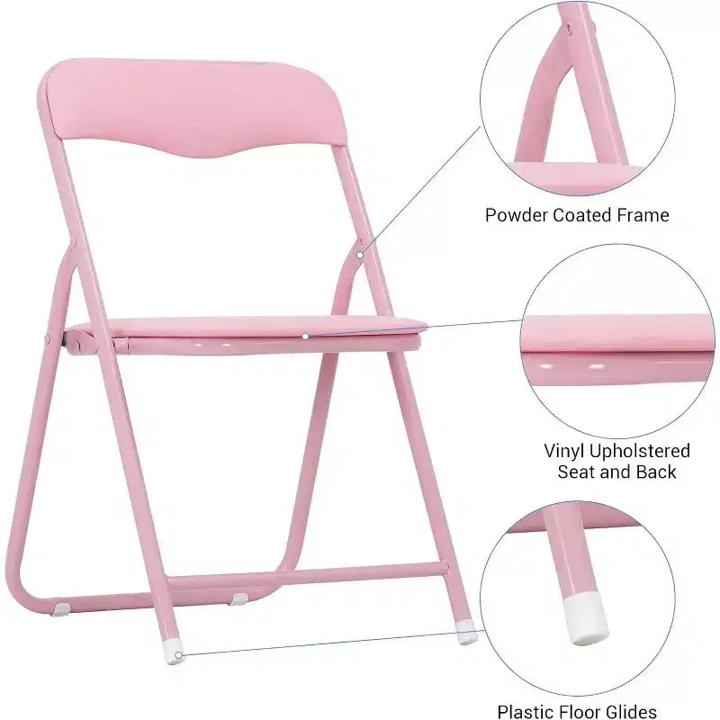 Acekool Table de jeu pliante en métal avec 4 chaises, chaises pliantes rembourrées roses avec coussin et cadre en acier, table carrée pliable pour salle à manger