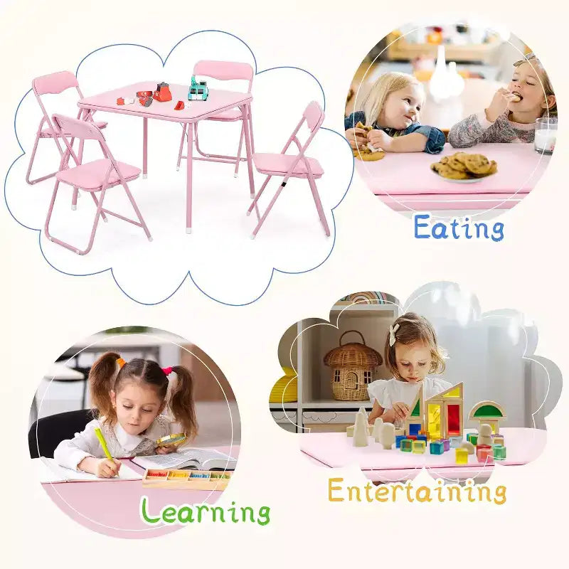 Acekool Table de jeu pliante en métal avec 4 chaises, chaises pliantes rembourrées roses avec coussin et cadre en acier, table carrée pliable pour salle à manger
