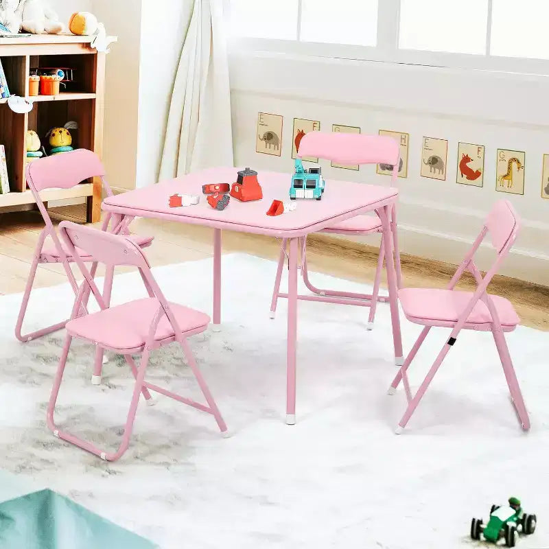 Acekool Table de jeu pliante en métal avec 4 chaises, chaises pliantes rembourrées roses avec coussin et cadre en acier, table carrée pliable pour salle à manger