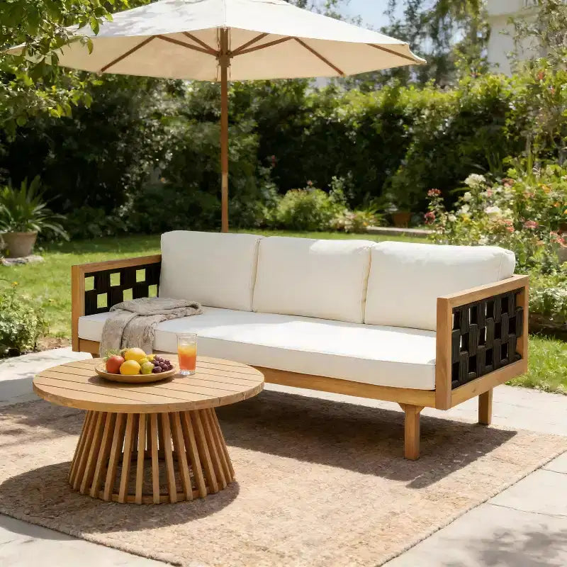 Christopher Knight Home Alice Ensemble de canapés 3 places 2 pièces modernes d'extérieur en bois d'acacia et corde tressée avec table basse ronde