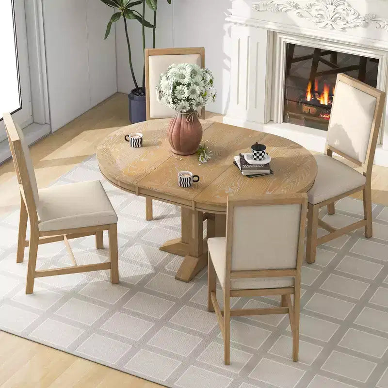 Ensemble de salle à manger 5 pièces de style ferme pour 4 personnes, comprenant une table à manger ronde extensible en bois massif et 4 chaises rembourrées pour la cuisine
