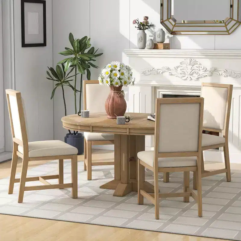 Ensemble de salle à manger 5 pièces de style ferme pour 4 personnes, comprenant une table à manger ronde extensible en bois massif et 4 chaises rembourrées pour la cuisine