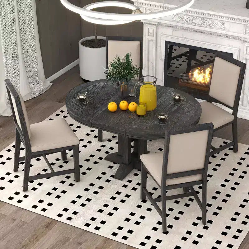 Ensemble de salle à manger 5 pièces de style ferme pour 4 personnes, comprenant une table à manger ronde extensible en bois massif et 4 chaises rembourrées pour la cuisine