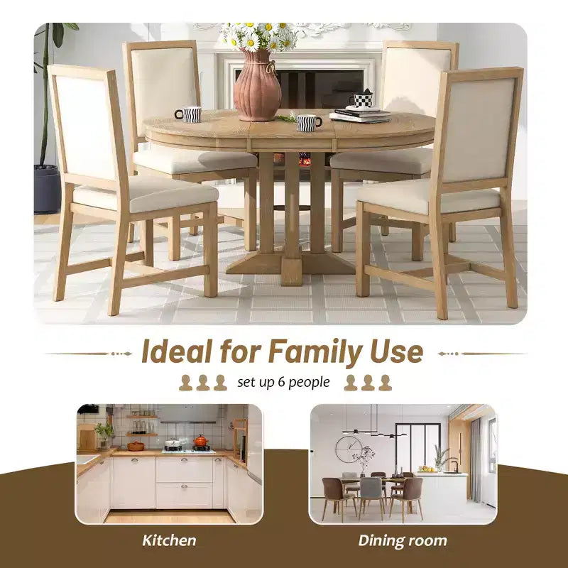 Ensemble de salle à manger 5 pièces de style ferme pour 4 personnes, comprenant une table à manger ronde extensible en bois massif et 4 chaises rembourrées pour la cuisine