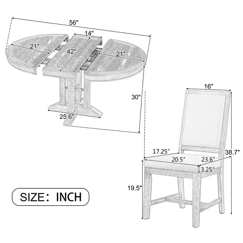 Ensemble de salle à manger 5 pièces de style ferme pour 4 personnes, comprenant une table à manger ronde extensible en bois massif et 4 chaises rembourrées pour la cuisine