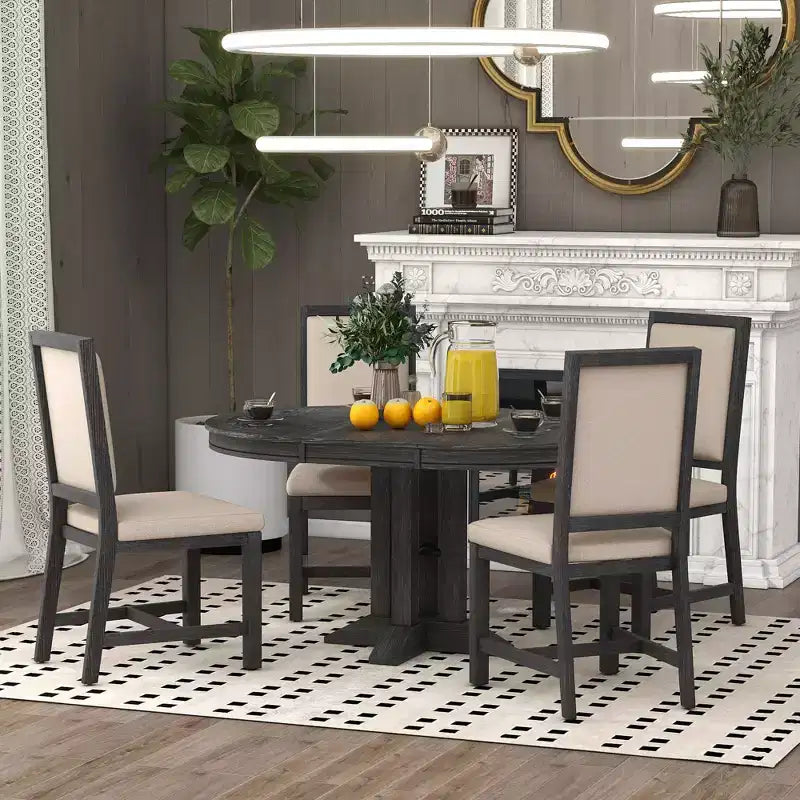 Ensemble de salle à manger 5 pièces de style ferme pour 4 personnes, comprenant une table à manger ronde extensible en bois massif et 4 chaises rembourrées pour la cuisine