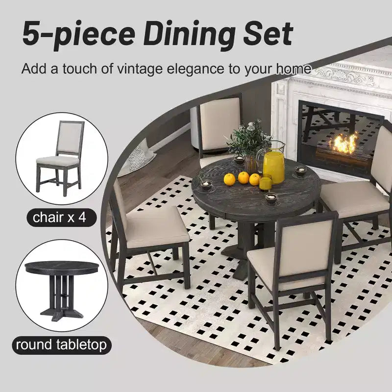 Ensemble de salle à manger 5 pièces de style ferme pour 4 personnes, comprenant une table à manger ronde extensible en bois massif et 4 chaises rembourrées pour la cuisine