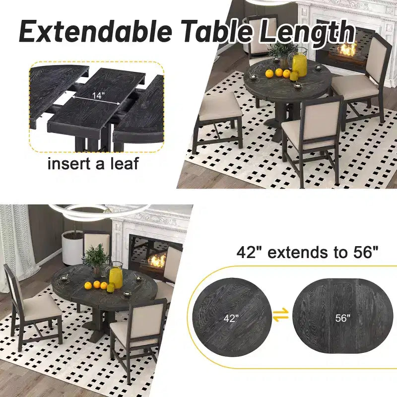 Ensemble de salle à manger 5 pièces de style ferme pour 4 personnes, comprenant une table à manger ronde extensible en bois massif et 4 chaises rembourrées pour la cuisine