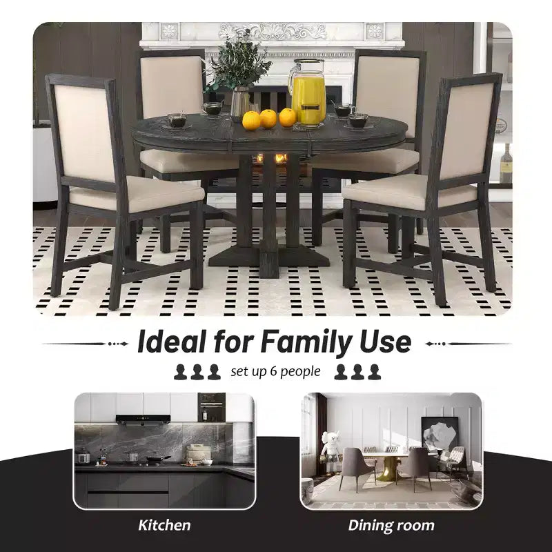 Ensemble de salle à manger 5 pièces de style ferme pour 4 personnes, comprenant une table à manger ronde extensible en bois massif et 4 chaises rembourrées pour la cuisine