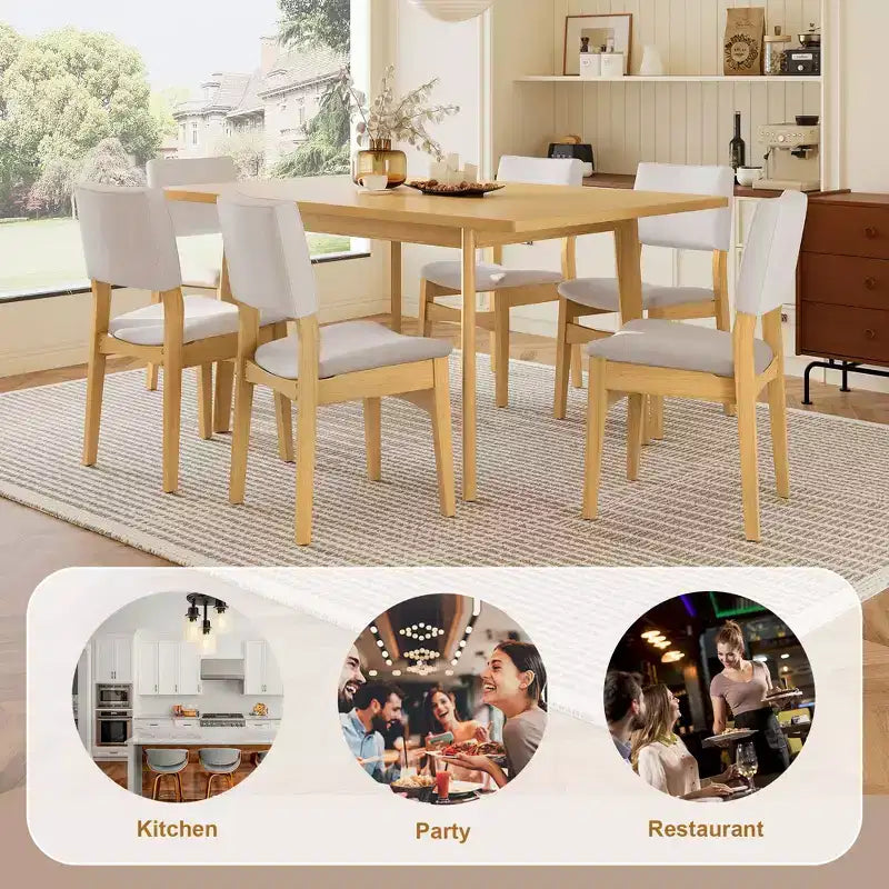 GDFStudio Dalton - Ensemble de salle à manger moderne 7 pièces - Table rectangulaire en bois massif et chaises rembourrées en lin