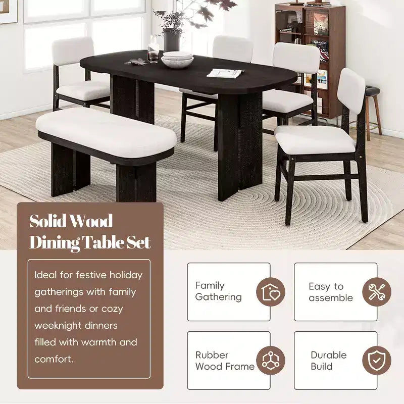 Ensemble de table à manger en bois massif avec banc pour 5 personnes, 6 pièces, ensemble de table de salle à manger rectangulaire rembourrée avec 4 chaises et un banc