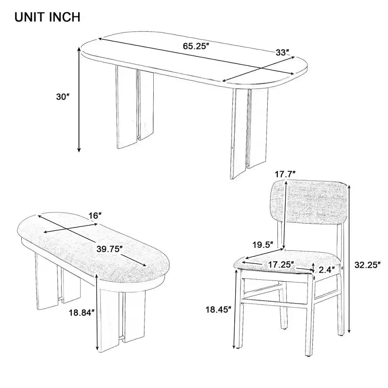Ensemble de table à manger en bois massif avec banc pour 5 personnes, 6 pièces, ensemble de table de salle à manger rectangulaire rembourrée avec 4 chaises et un banc