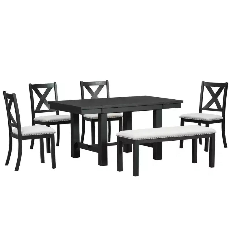 Ensemble de salle à manger extensible de ferme pour 6 personnes, table de cuisine rectangulaire en bois massif avec rallonge amovible, 4 chaises rembourrées et banc
