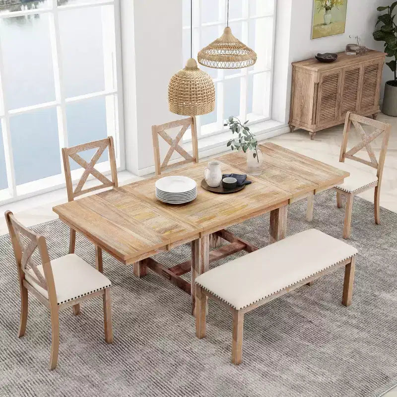 Ensemble de salle à manger extensible de ferme pour 6 personnes, table de cuisine rectangulaire en bois massif avec rallonge amovible, 4 chaises rembourrées et banc