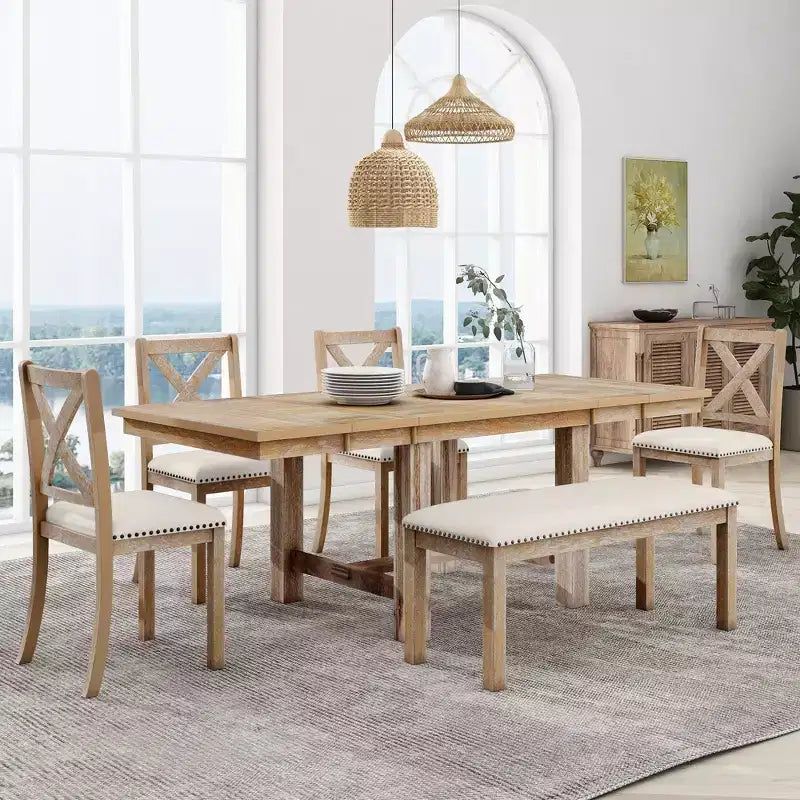 Ensemble de salle à manger extensible de ferme pour 6 personnes, table de cuisine rectangulaire en bois massif avec rallonge amovible, 4 chaises rembourrées et banc