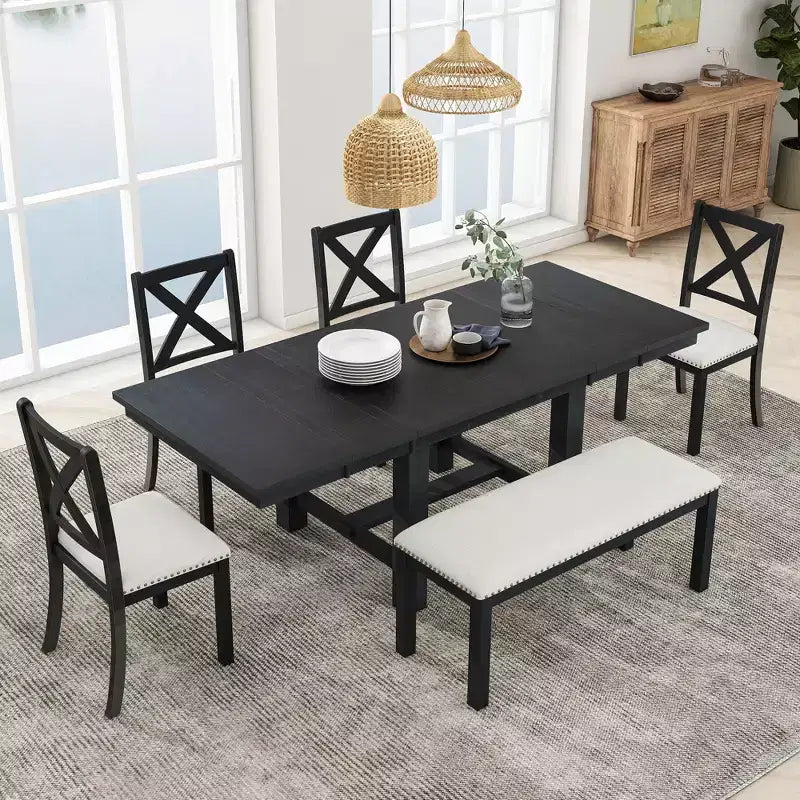 Ensemble de salle à manger extensible de ferme pour 6 personnes, table de cuisine rectangulaire en bois massif avec rallonge amovible, 4 chaises rembourrées et banc