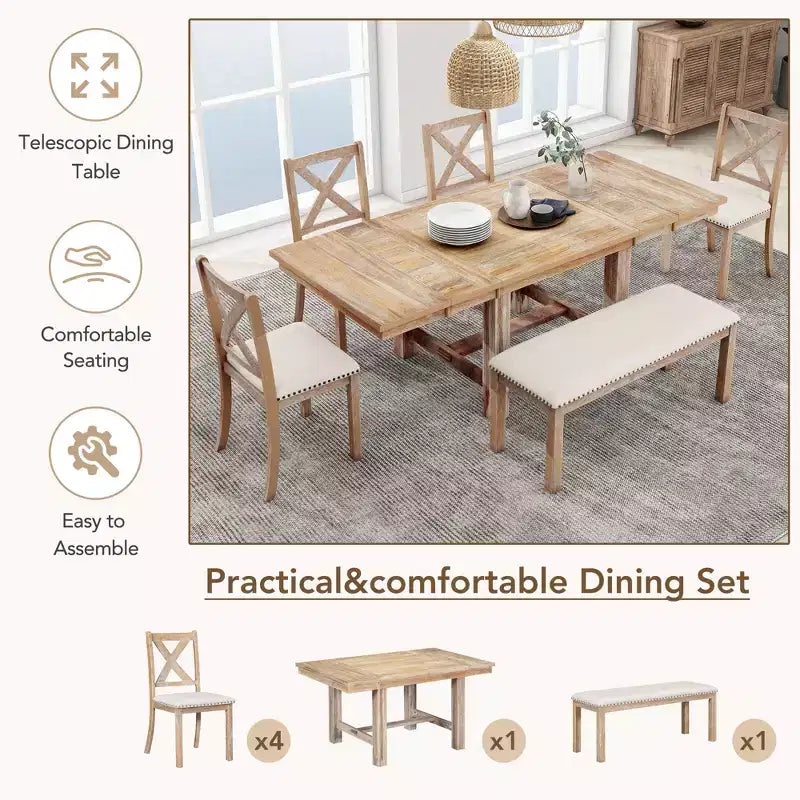 Ensemble de salle à manger extensible de ferme pour 6 personnes, table de cuisine rectangulaire en bois massif avec rallonge amovible, 4 chaises rembourrées et banc
