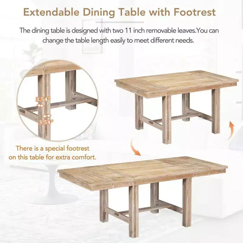 Ensemble de salle à manger extensible de ferme pour 6 personnes, table de cuisine rectangulaire en bois massif avec rallonge amovible, 4 chaises rembourrées et banc