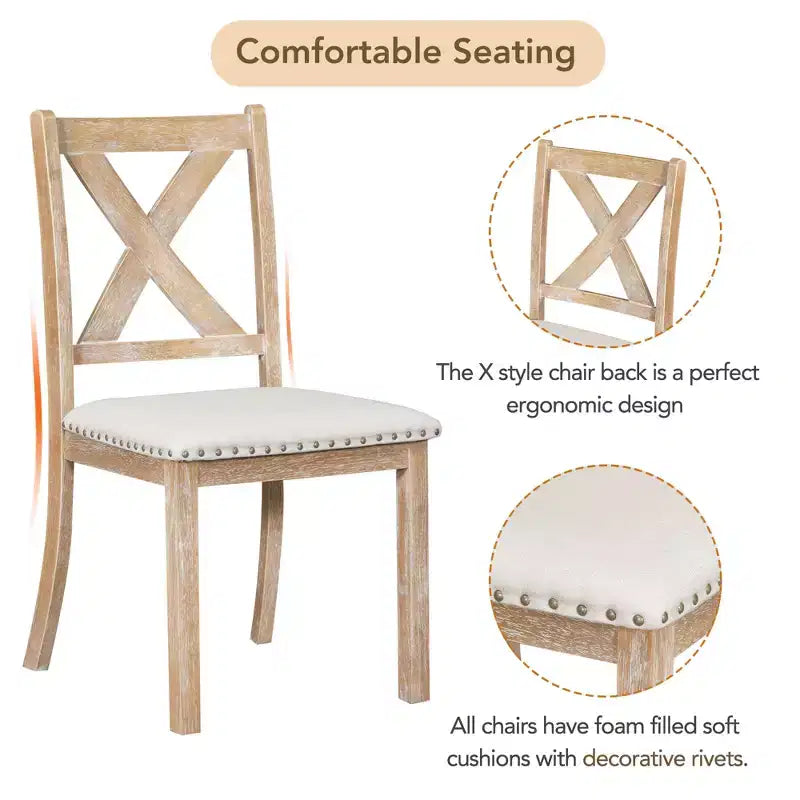 Ensemble de salle à manger extensible de ferme pour 6 personnes, table de cuisine rectangulaire en bois massif avec rallonge amovible, 4 chaises rembourrées et banc