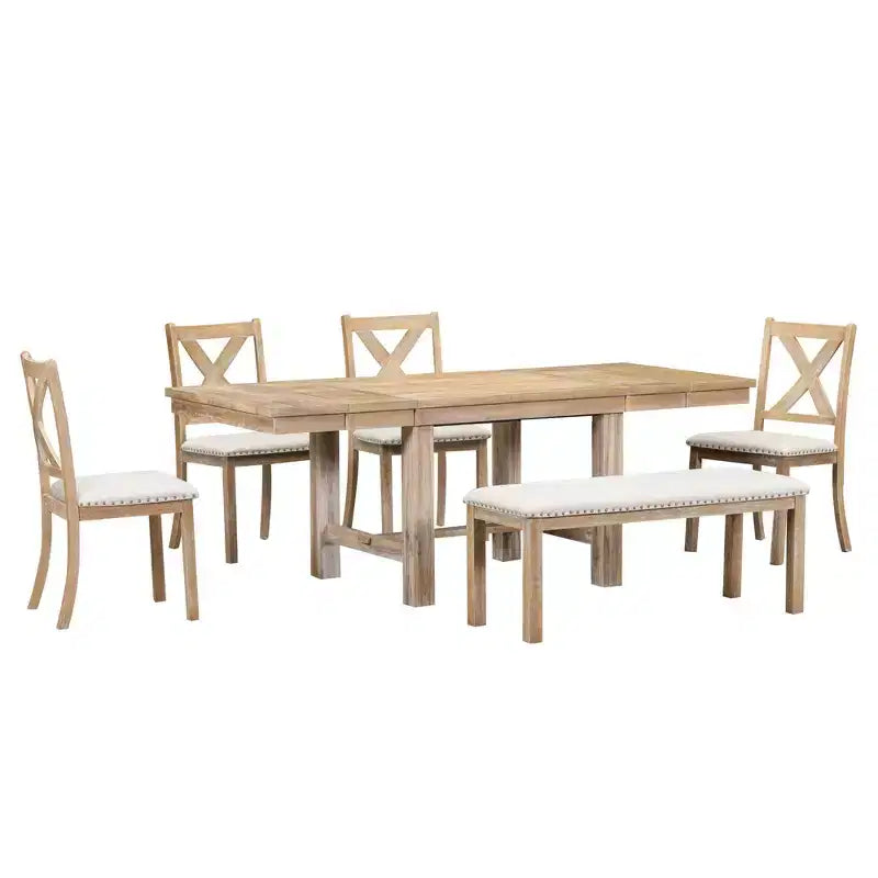 Ensemble de salle à manger extensible de ferme pour 6 personnes, table de cuisine rectangulaire en bois massif avec rallonge amovible, 4 chaises rembourrées et banc