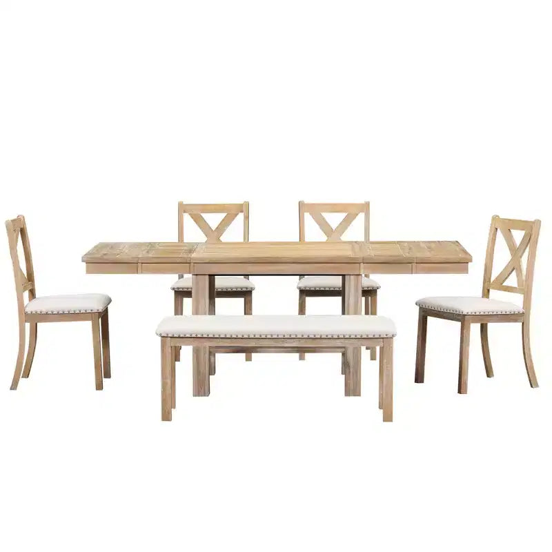 Ensemble de salle à manger extensible de ferme pour 6 personnes, table de cuisine rectangulaire en bois massif avec rallonge amovible, 4 chaises rembourrées et banc