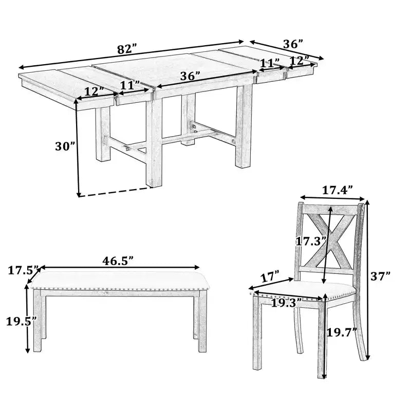 Ensemble de salle à manger extensible de ferme pour 6 personnes, table de cuisine rectangulaire en bois massif avec rallonge amovible, 4 chaises rembourrées et banc