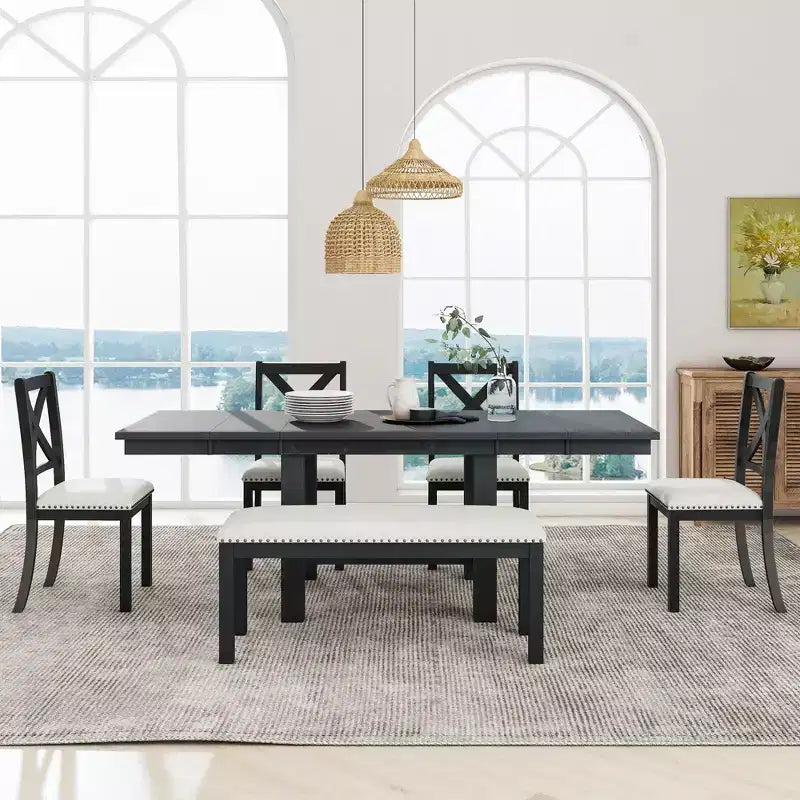 Ensemble de salle à manger extensible de ferme pour 6 personnes, table de cuisine rectangulaire en bois massif avec rallonge amovible, 4 chaises rembourrées et banc