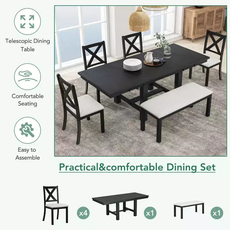 Ensemble de salle à manger extensible de ferme pour 6 personnes, table de cuisine rectangulaire en bois massif avec rallonge amovible, 4 chaises rembourrées et banc