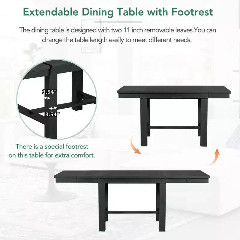 Ensemble de salle à manger extensible de ferme pour 6 personnes, table de cuisine rectangulaire en bois massif avec rallonge amovible, 4 chaises rembourrées et banc